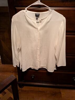 Eileen Fisher Shirt Womens White Button Up Linen Size Large PM Lagenlook